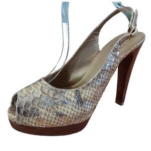 Stuart Weitzman Snakeskin Peep Toe Slingback Wood Platform 5" Pump Heels Sz 7.5